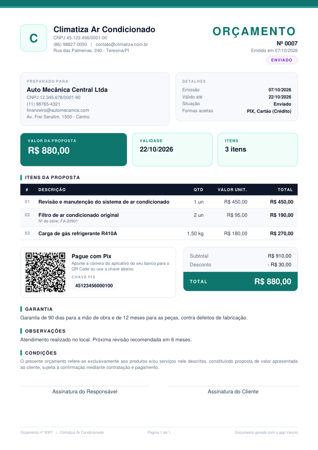 Modelo Orçamento Profissional preenchido com um exemplo
