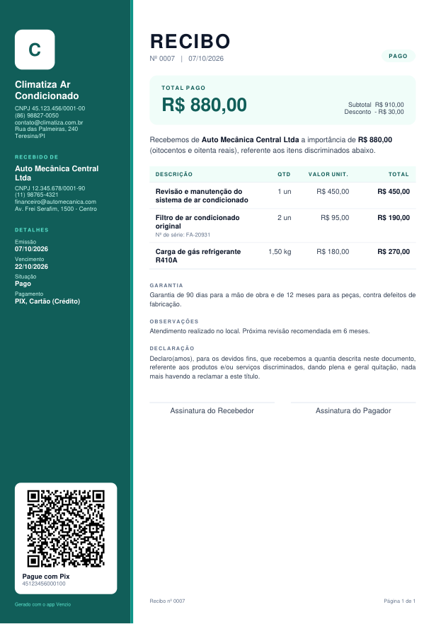 Modelo Recibo Moderno preenchido com um exemplo