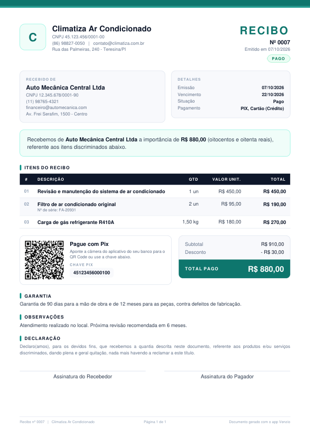 Recibo em PDF feito no Venzio, com os dados da empresa e do cliente, os itens, o QR Code Pix e o total de R$ 880,00